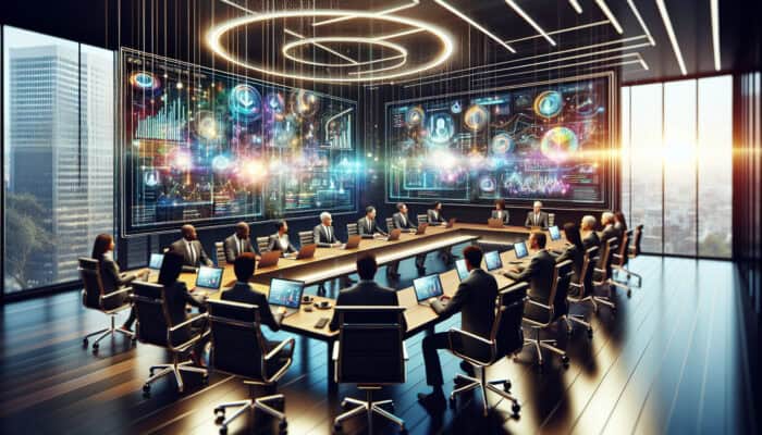 Professionals in suits discuss strategic planning with virtual assistants on screens, viewing colorful charts on laptops in a modern room.