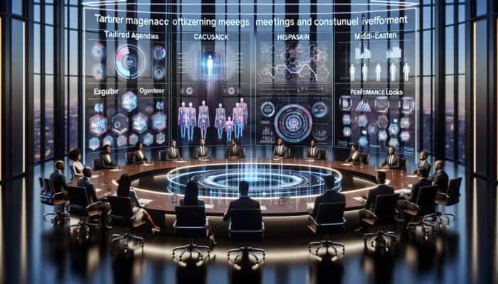 A futuristic boardroom with professionals viewing interactive holograms of tailored agendas, feedback loops, and engagement charts for optimized meetings.