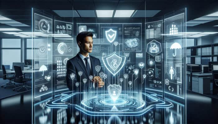 Insurance Needs for Human VA Businesses: Focused virtual assistant navigates glowing risk maze in digital office, surrounded by insurance shields, policy documents, and holographic umbrellas.