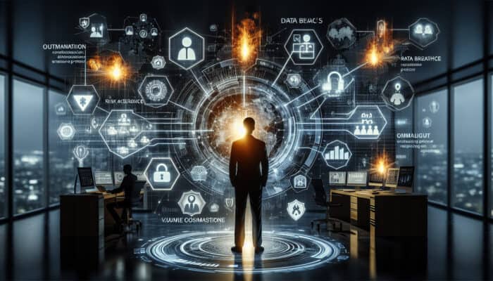 Professional in modern VA office analyzes risk charts on screen, surrounded by data breach icons and misconduct shadows, emphasizing insurance security.