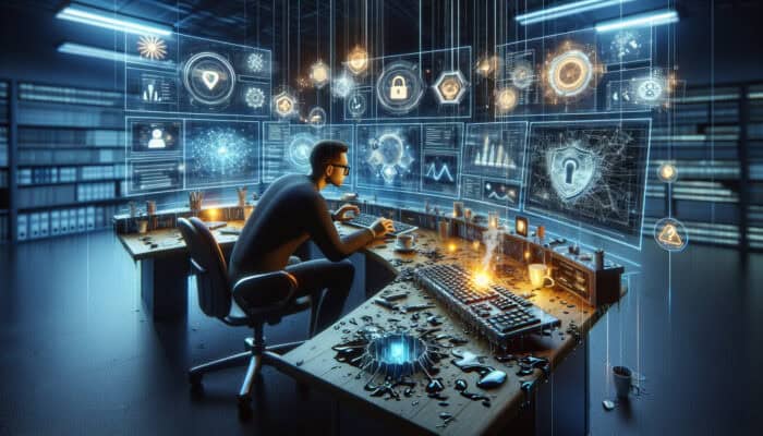 A virtual assistant analyst reviews risk charts on multiple screens in a high-tech office, surrounded by symbols of data breaches, human errors, and service failures.