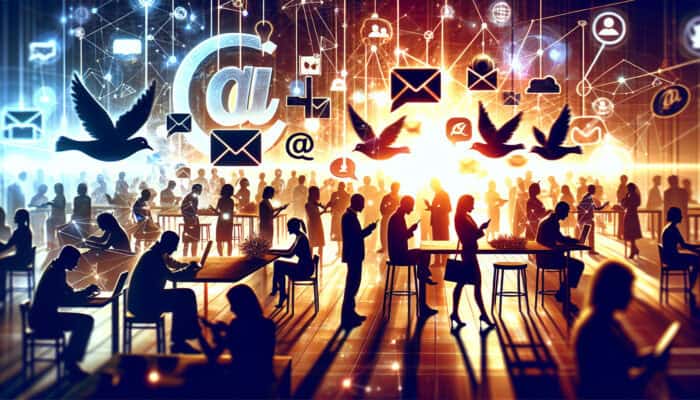 Lead Generation Tactics for Human Virtual Assistants: Dynamic scene of professionals networking at events, floating social media icons, flying emails, and content creators in a vibrant digital web.