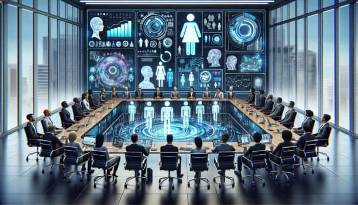 Diverse experts in a modern conference room discussing lead generation for virtual assistants, with digital screens and holographic figures.