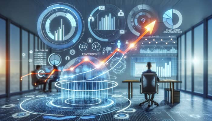 A virtual assistant in a modern office analyzes a dashboard with rising graphs of conversion rates, client acquisition costs, and lead sources.