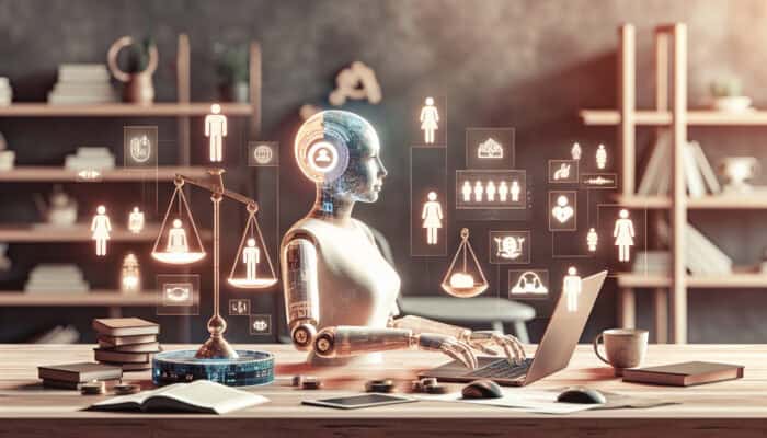 Focused virtual assistant in a modern home office, working on a laptop and video conferencing for non-profit tasks, surrounded by ethical symbols in warm lighting.