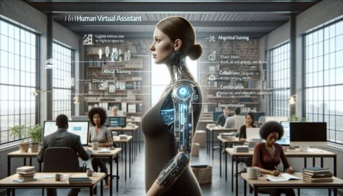 A determined human virtual assistant navigates challenges in a bustling non-profit office, supported by training and colleagues, embodying resilience.