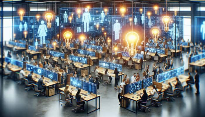 Bustling non-profit office with virtual assistants on screens aiding diverse volunteers; smiling staff collaborate on project software amid glowing idea bulbs.