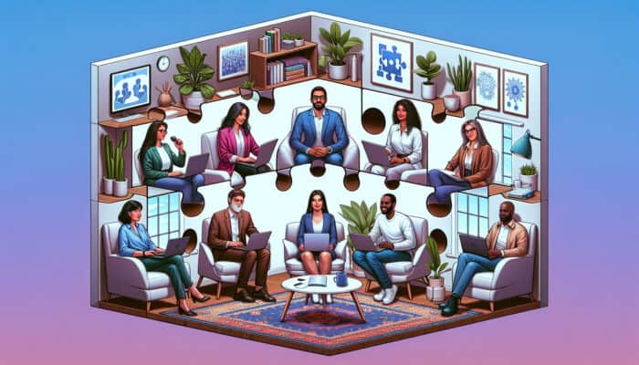Illustration of diverse remote workers in home offices, connected via video calls and Slack, with holographic puzzle pieces symbolizing team integration.
