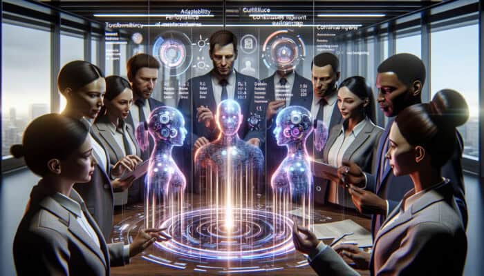 Diverse teams collaborate in a dynamic office around holographic displays of performance metrics and feedback surveys, showing integrated virtual assistants.