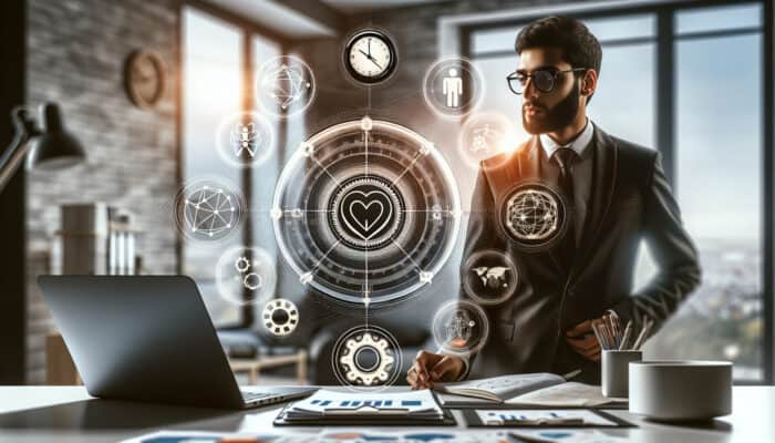 A professional virtual assistant in a modern home office, surrounded by symbols of time management, problem-solving, technical skills, emotional intelligence, and organization.
