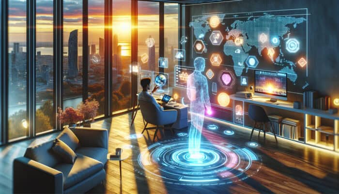 Diverse professional interacts with holographic virtual assistant in futuristic home office, managing remote work tools and global maps at sunset.