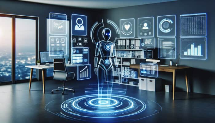 Futuristic virtual assistant in a sleek home office with holographic Trello boards, Slack chats, and Zapier automations for enhanced collaboration.