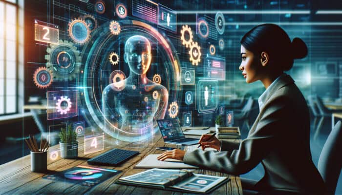 Professional at a modern desk delegates tasks to a holographic virtual assistant, surrounded by floating calendars, checklists, and efficiency gears in a productive workspace.