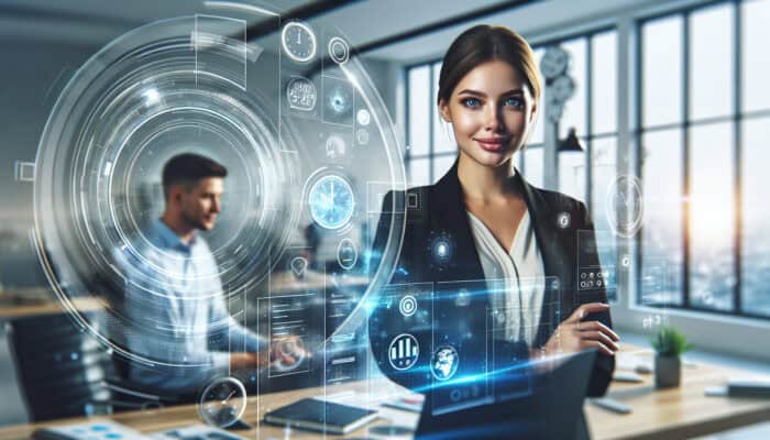 Confident expert in modern office sharing time-saving hacks with virtual assistant, surrounded by digital clocks, calendars, and productivity tools.