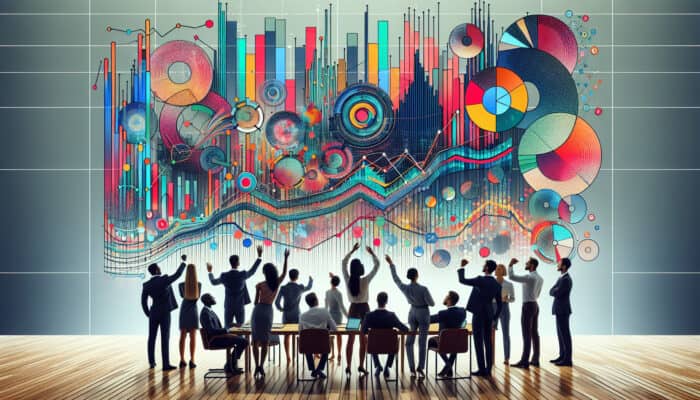 Modern office dashboard displays graphs of task completion rates and productivity trends, with professionals analyzing data and high-fiving in celebration.