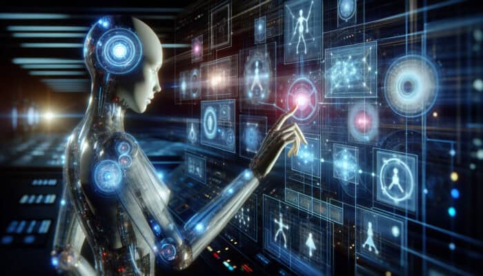 A sleek AI avatar in a high-tech command center, navigating holographic interfaces and screens while adapting to dynamic challenges.