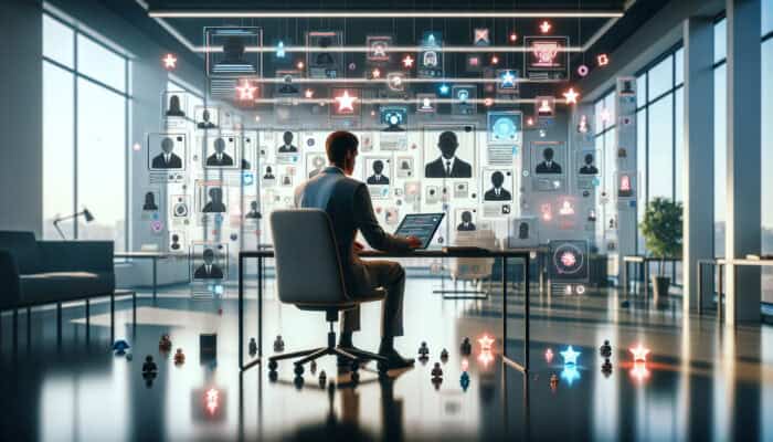 Recruiter in a modern office reviews candidate profiles on a digital screen, surrounded by resumes, colorful portfolios, glowing stars, and feedback notes under soft lighting.