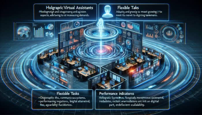 Futuristic office with holographic virtual assistants adapting to demands, integrating workflows, and using tools for efficient scalability.