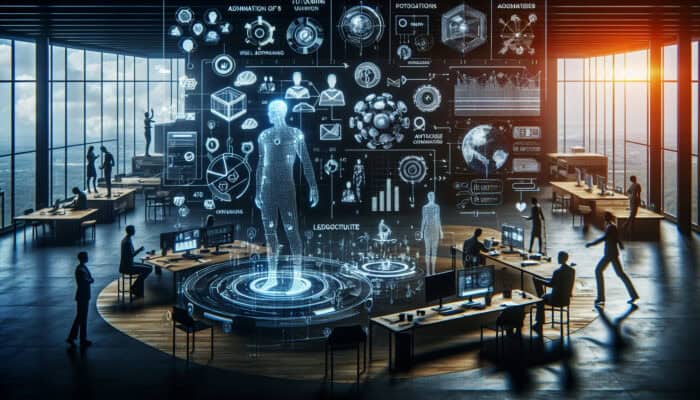 A modern office with holographic virtual assistants clashing with outdated systems, amid frustrated employees in training sessions.