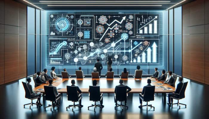 Professionals in a modern boardroom analyze intricate workflow diagrams on holographic screens with AI assistants integrating for efficient growth.