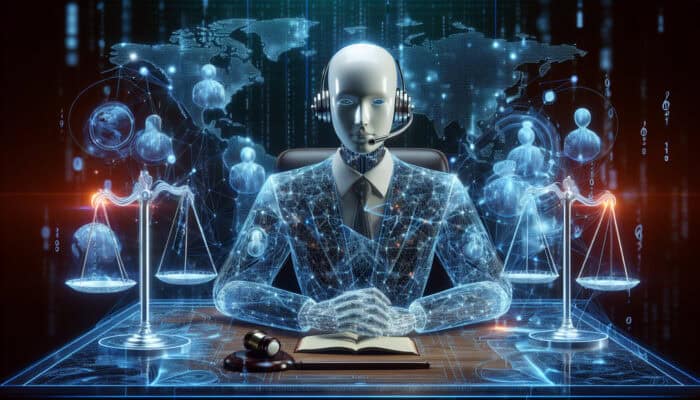 A human virtual assistant at a sleek desk, surrounded by glowing legal documents, scales of justice, and a world map with interconnected flags, symbolizing global compliance.