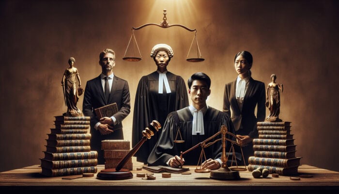 A dramatic courtroom scene: stern judge with gavel, scales of justice, ancient law books, and focused lawyers in golden light.