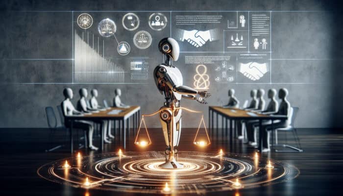 A sleek AI robot virtual assistant in a modern office reviews ethical guidelines on a holographic screen, surrounded by trust symbols like a golden scale and handshake icons.