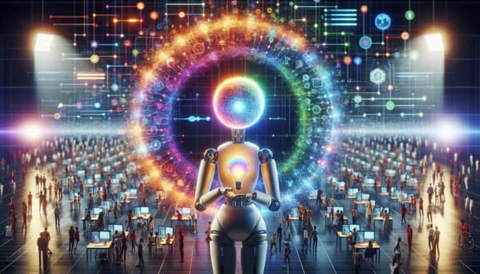 A futuristic AI-human assistant grasps a glowing orb of ideas, surrounded by diverse global audiences connecting via vibrant content streams.