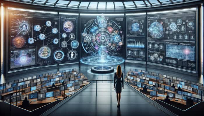 A dynamic virtual assistant in a high-tech command center, surrounded by holographic displays of content goals, audience avatars, timelines, and content maps.