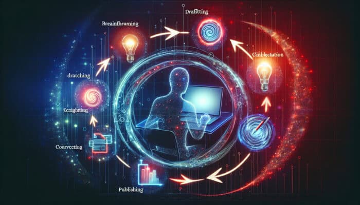 Vibrant illustration of a virtual assistant brainstorming ideas, drafting on a laptop, editing with red marks, and publishing online, with looping arrows showing iterative improvements.