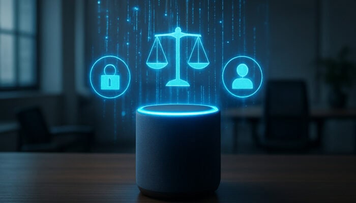 Glowing smart speaker in modern office, surrounded by holographic data streams and ethical icons symbolizing user trust.