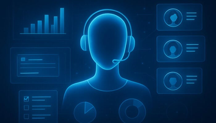 Futuristic virtual assistant interface with glowing data graphs and users providing feedback.