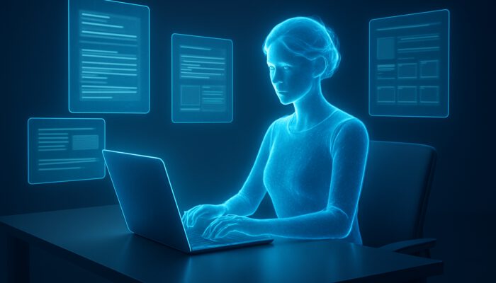 Human Virtual Assistants for Content Creation: Holographic virtual assistant at sleek desk with floating screens showing article drafts, research notes, and content calendar.