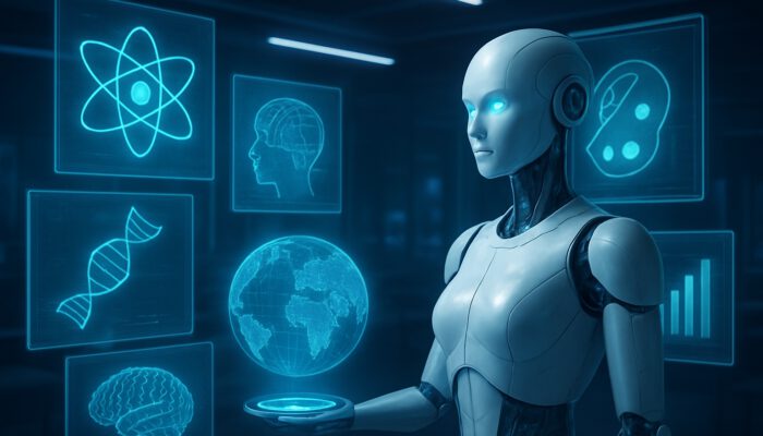 Futuristic AI assistant in high-tech hub, surrounded by holographic displays of science, art, and business.