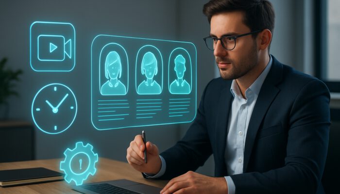 Professional reviewing holographic virtual assistant profiles at modern desk with content symbols, clock, and gears.