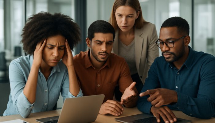 Diverse team overcoming tech glitches and user resistance in modern office, learning remotely.