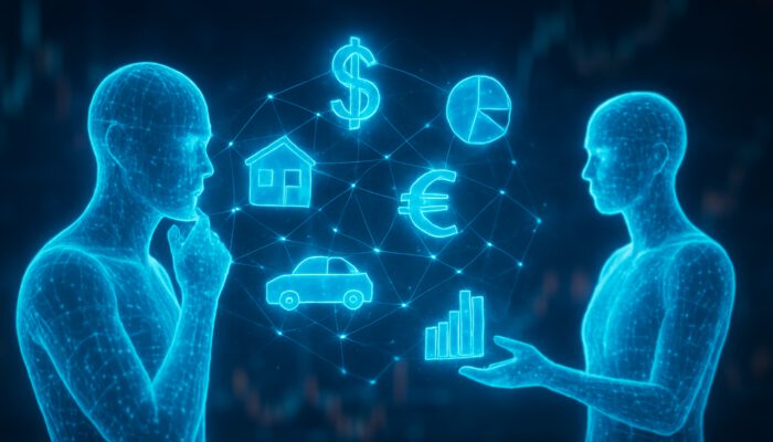 Holographic network of diverse assets and glowing AI assistants analyzing risks for organizational stability.