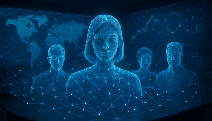 Holographic network of virtual assistants diversifying risks with stock charts, global maps, and shields in futuristic command center.