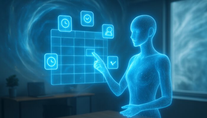 A holographic AI assistant organizes a digital calendar with floating icons in a serene office amid chaos.